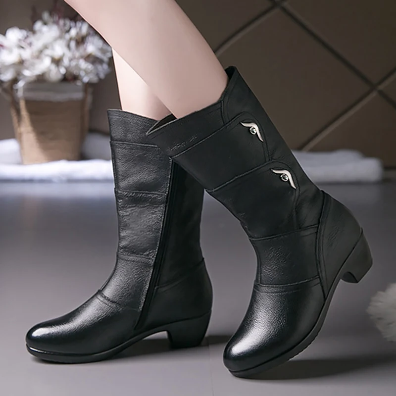 

Leather Boots women Cozy Zipper Mid-calf Rubber boots for women Non slip 2020 Spring Female Winter shoes Black Big size 41 42