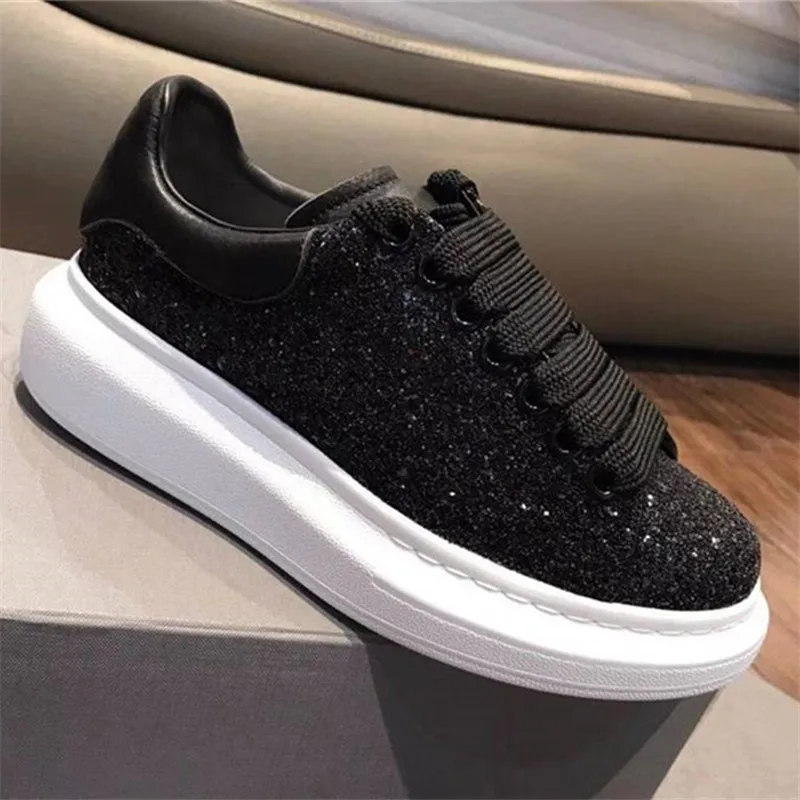 

Paillette Decor Women Sneakers Black Casual Flats Zapatillas Mujer Lace-up Platform Shoes Woman Trainers Thick Sole Creepers
