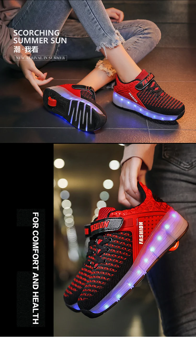 HYFMWZS Модные светодиодный Heelys обувь из дышащего материала, детское платье из двух спортивная обувь Съемная Детские Тонкие Туфли ролики срок производства тиража: 30-40