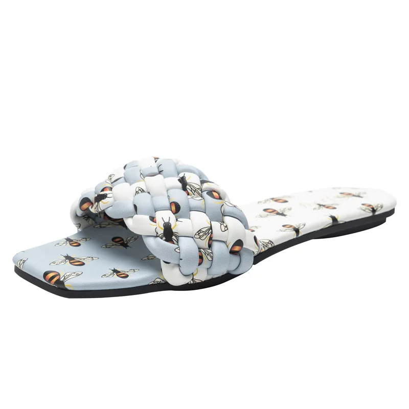 

Women Slippers Bee Printing PU Leather Indoor Shoes Square Toe Yellow Flip Flops Plus Size Women's Shoes