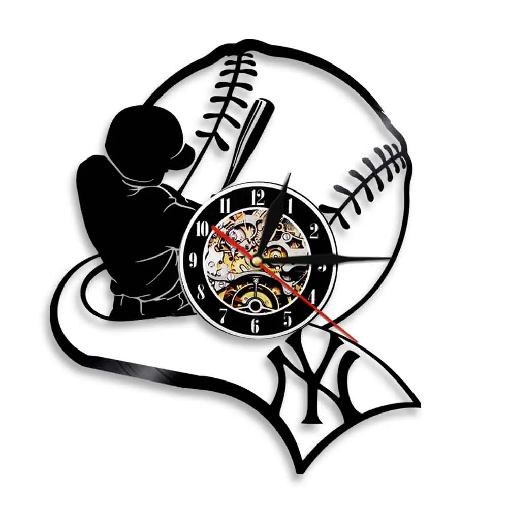 Baseball Professional Player Vinyl Record Wall Clock Sport Decor Wall Watch For Boys Room Softball Retro Vinyl Disk Crafts Clock