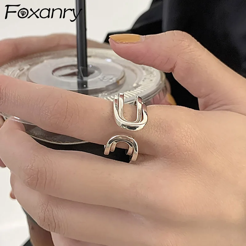 

Foxanry Minimalist 925 Stamp Rings Trendy Vintage Hollow Geometric Symmetry Handmade Party Jewelry Gifts for Women