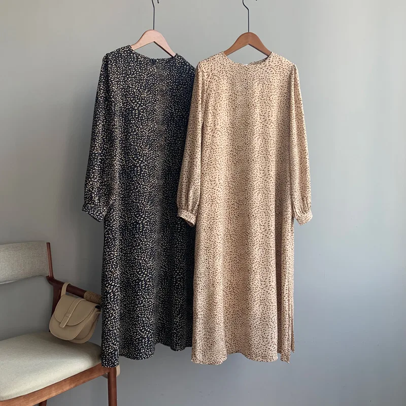 Весеннее женское винтажное шифоновое длинное платье с круглым вырезом и длинным