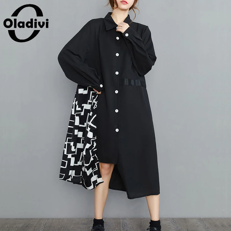 

Oladivi Fashion Print Black Dress for Women Clothing Spring Autumn New Oversized Casual Loose Midi Dresses Vestidios Robe 6239