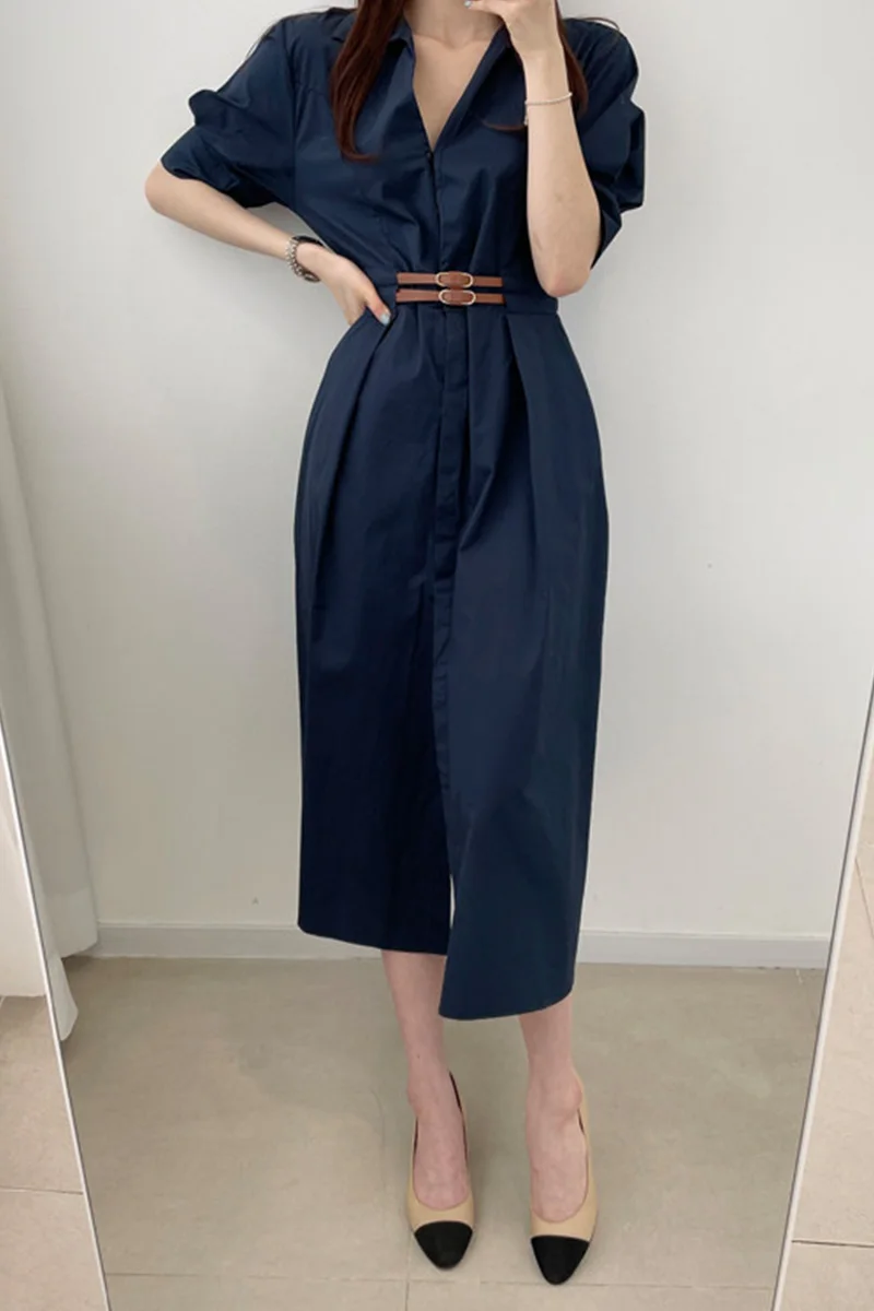 

White Puff Sleeve Long Dress Women's Summer Waist Slimming Big Shirt Dress Female High Waist Short Sleeve Long Shirt Dress