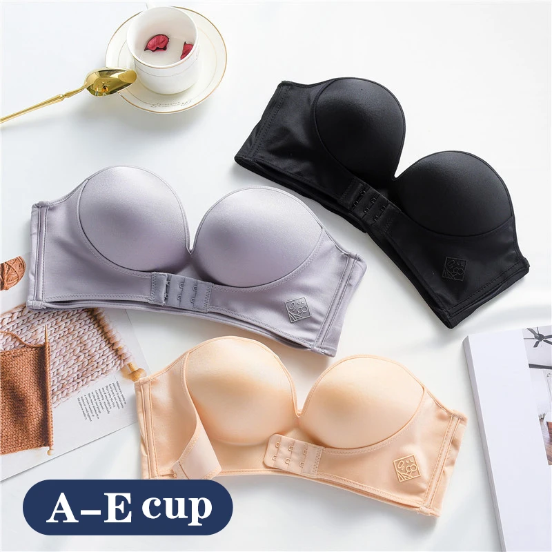 

2pcs Women Sexy Strapless Plus Size Invisible Bra Push Up Front Closure Bralette Underwear Lingerie Seamless Brassiere DE Cup