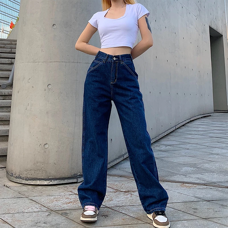 

Fashion Women Wide Leg Jeans Solid Color High Waist Full Length Clothing Vintage Streetwear Denim Pants