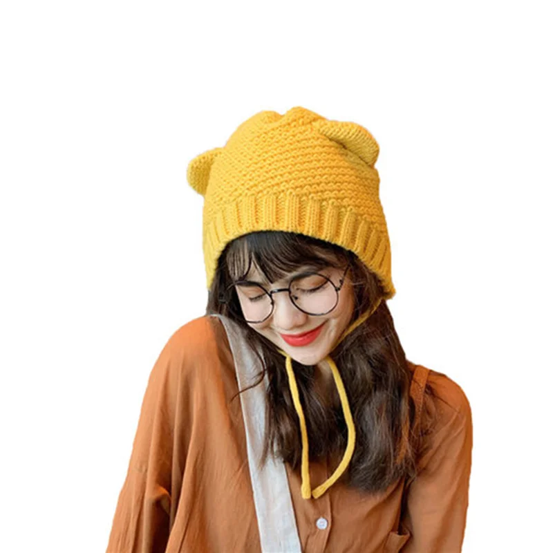 Ladies' Hat, Cat'S Ear Knitted Wool Hat, Children'S Winter Day Is Sweet And Lovely, With Baotou Knitted Hat.