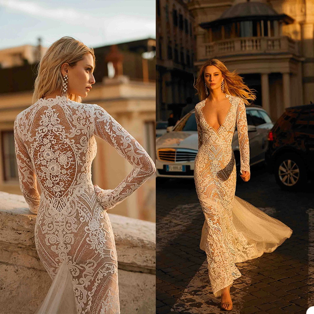 Купи New Wedding Dresses V Neck Long Sleeves Lace Appliques Mermaid Bridal Gowns Custom Made Floor Length Wedding Dress за 10,709 рублей в магазине AliExpress