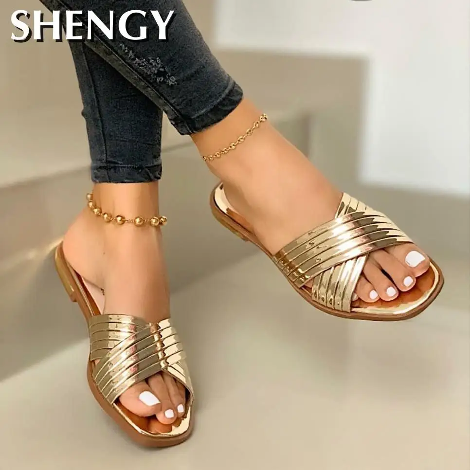 2020 Ladies Slippers Beach Summer Shoes Bling Gold Female Flat Slides Outdoor Women Shoes Casual Ladies Sandals Plus Size 35-43