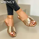 Шлепанцы женские, летние, пляжные, золотистые, на плоской подошве, 2020, 35-43, размера плюс