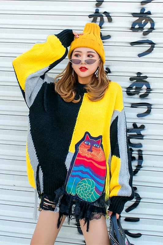 QIN GMO Casual Women Pullovers Sweater 2021 Spring Autumn Cat Appliques Female Patchwork Color ZQY5231 | Женская одежда