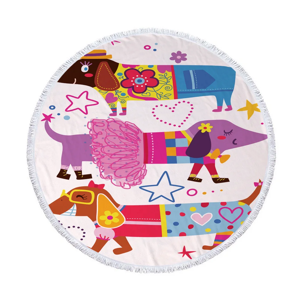 Круглое пляжное полотенце с мультяшной собакой кисточками из микрофибры одеяло