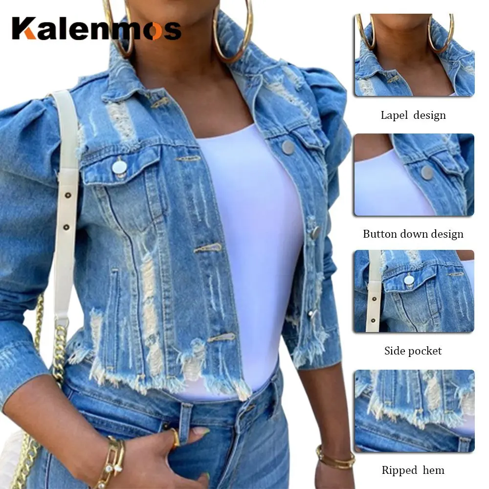 

Autumn Sexy Ripped Denim Jackets Women Jeans Vintage Casual Short Jean Jacket Puff Sleeve Female Chic Coat Streetwear Plus Size