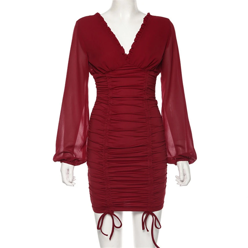 

2020 Chiffon Summer Autumn Dress Women 2020 Sexy Long Sleeve Slim Elastic Bodycon Bandage Dress Short Pleated Party Dresses