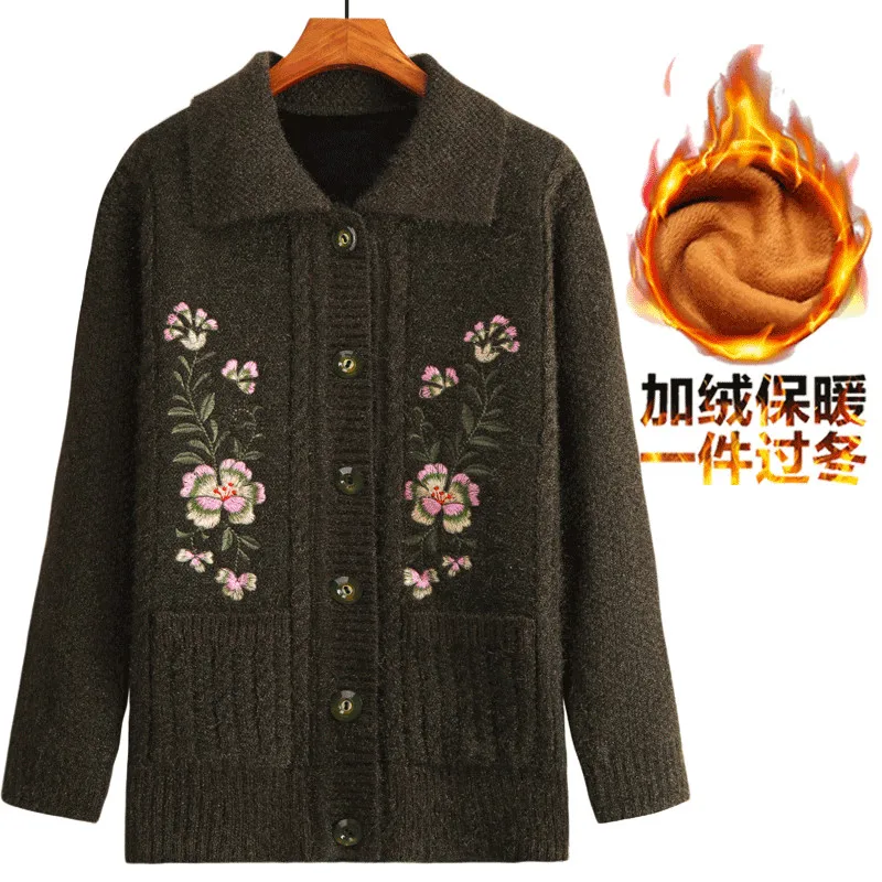 Elderly Women Knit Sweater Coats Large Size Winter Warm Plus Velvet Grandmother Loose Cardigans Casual Tops W1662 |