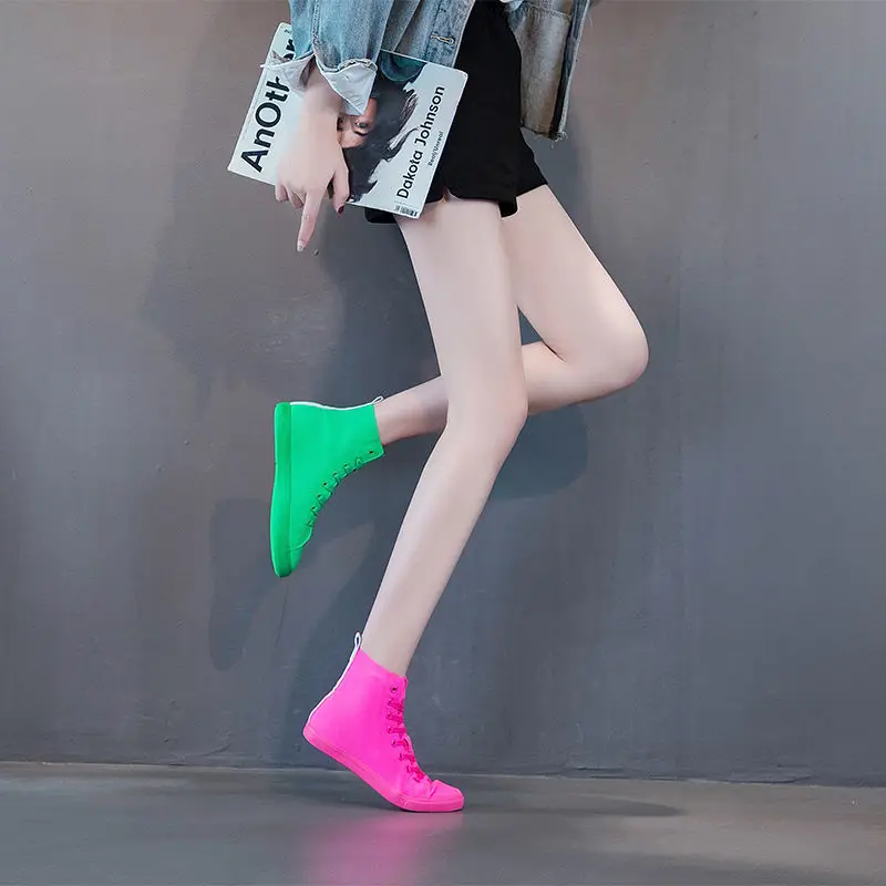 

Женские туфли на шнуровке, высокие берцы, лайкра, стрейч, утка-МАНДАРИНКА, зеленая повседневная обувь на плоской подошве, розово-красные, вес...