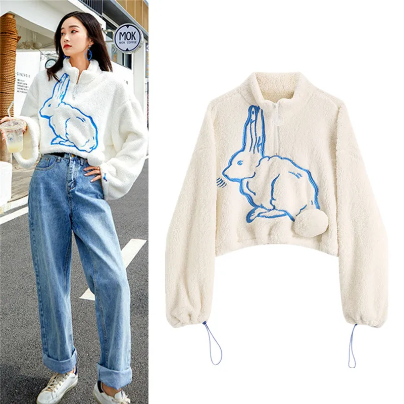 

Women Oversized Warm Pullovers Embroidery Cute Rabbit Sweatshirts Tops Short Autumn Winter Young Ladies Crop Hooded Blousa NZ23