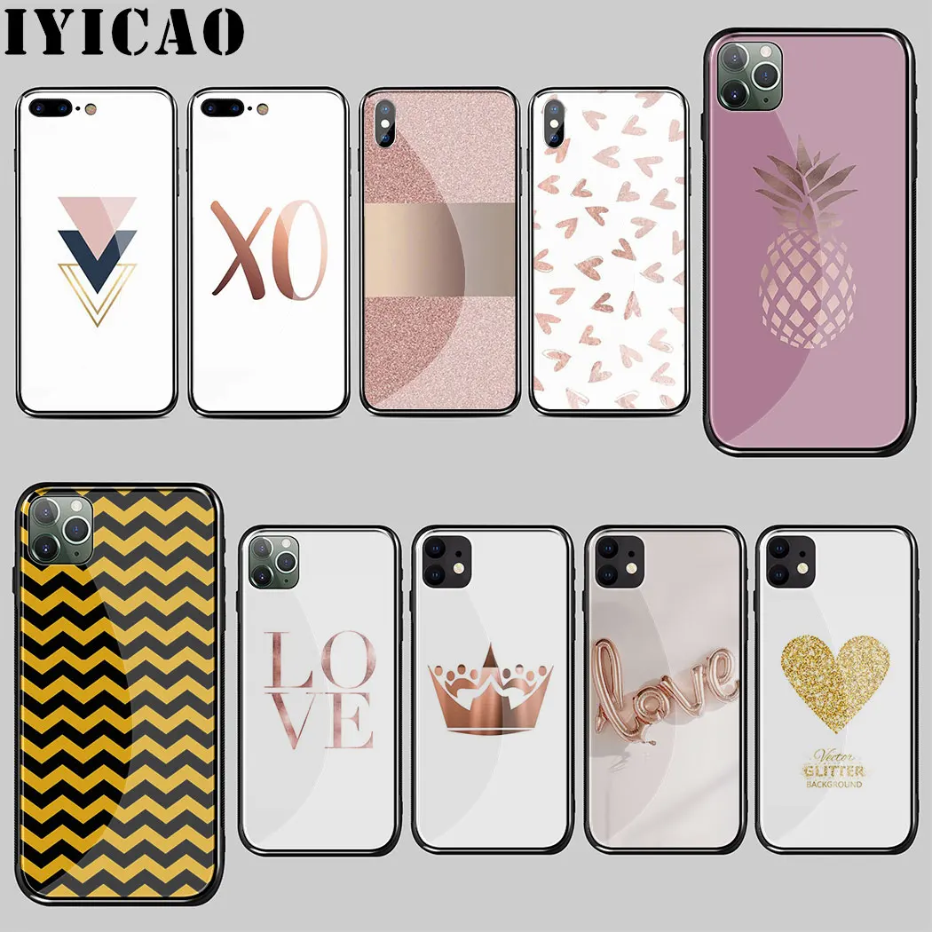 Love Heart Pineapple Gold Rose Stripes Tempered Glass Case for iphone 5 5S SE 6 6S 7 8 Plus 11 Pro X XR XS Max Cover |