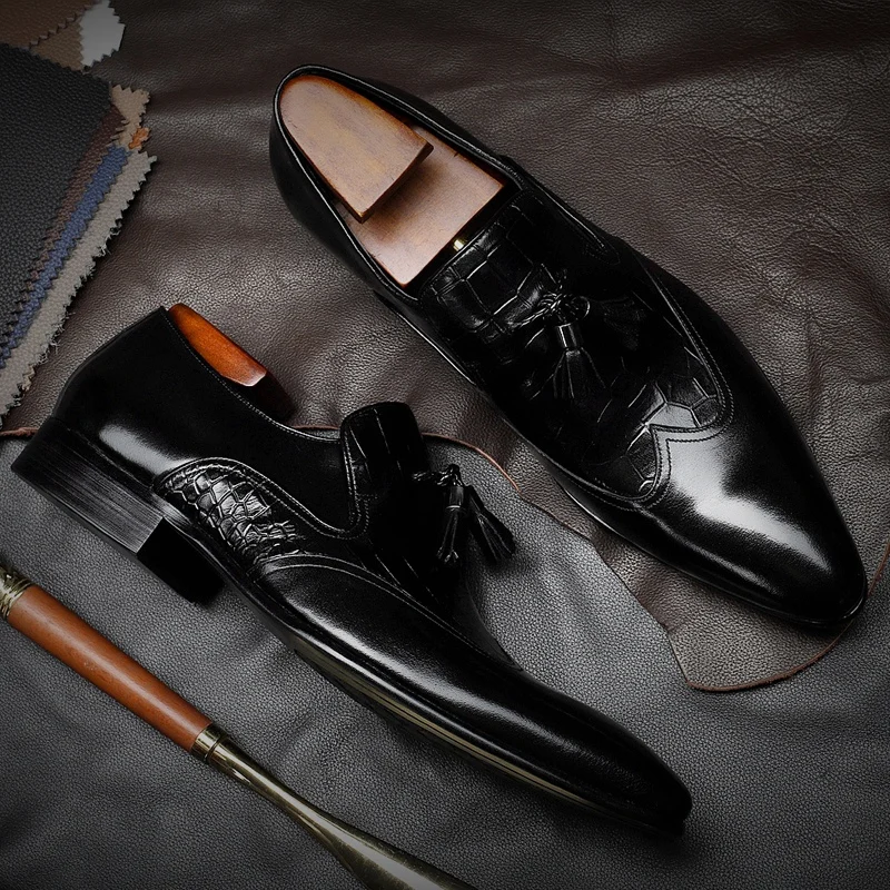 

British Man Wingtip Casual Shoes Genuine Leather Comfortable Loafers Pointed Toe Slip on Handmade Men's Tassels Footwear DX103