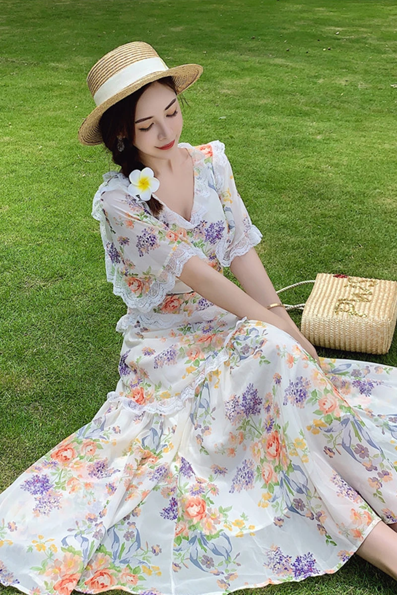 

Summer 2021 Beach Vacation Long Mermaid Dress for Women V Neck Lace Printed Sleeve Ruffle Dress Female Short Sleeve A Line Dress