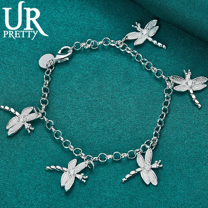 

URPRETTY 925 Sterling Silver Five Dragonfly Chain Bracelet For Women Wedding Engagement Charm Jewelry Gift