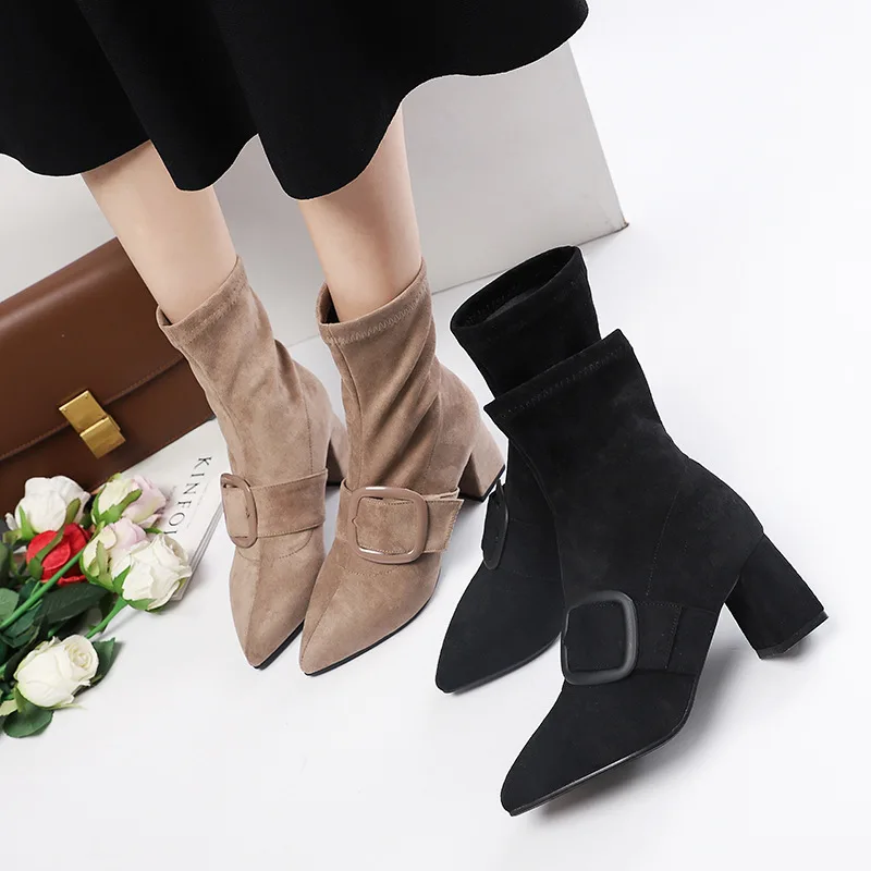 Женские ботинки с острым носком на среднем квадратном каблуке | Обувь