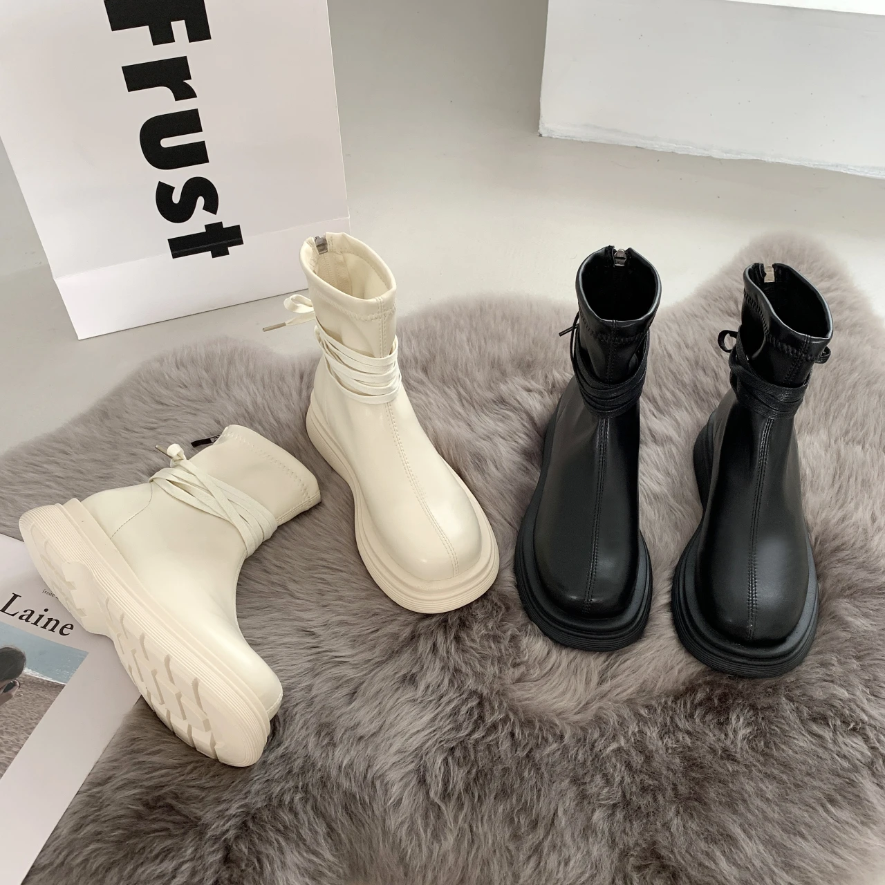 

Women Ankle Boots Pu Leather Chelsea Non-slip Female Autumn New Fashion Black White Square Toe Flat Heel Botas Cortas De Mujer