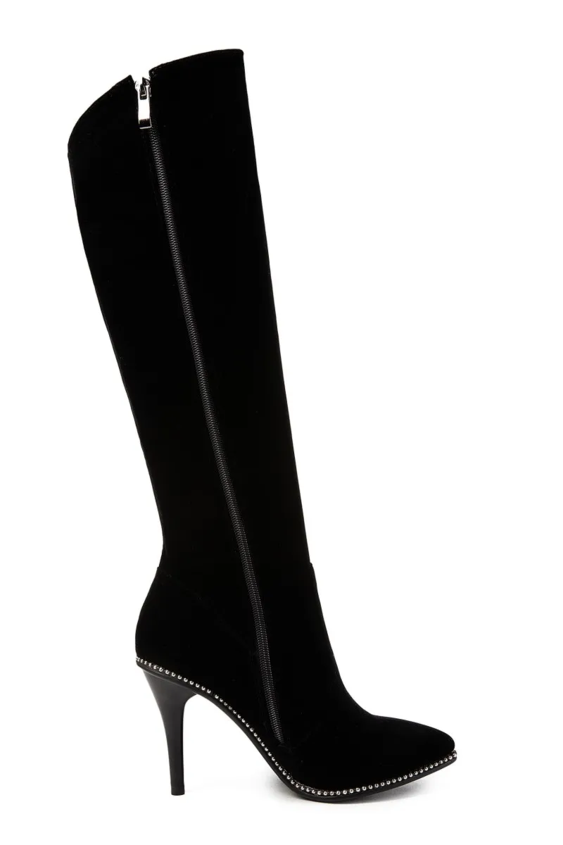 Ботфорты женские выше колена сапоги на молнии сбоку с жемчужной отделкой большие