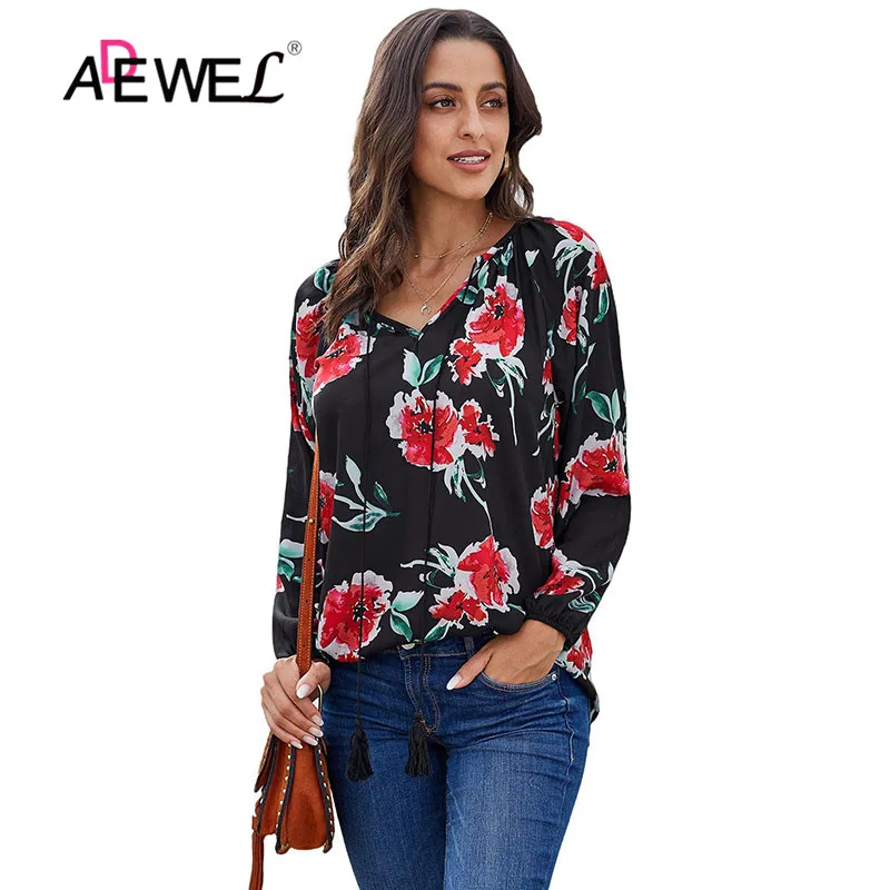ADEWEL Autumn Spring Floral Print Peasant Blouse Women Casual Blouses Tops Split Neckline Long Sleeve Plus Size | Женская одежда
