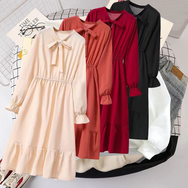 

Женское платье с бантом на шее, длинным рукавом и эластичным поясом