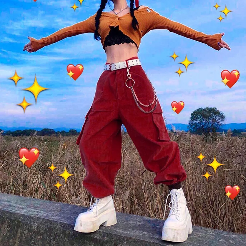 

Cargo Pants Women Autumn Wild Casual Corduroy Trousers Fashion Streetwear Solid Color High-waist Chain Decorated Beam Feet Pants