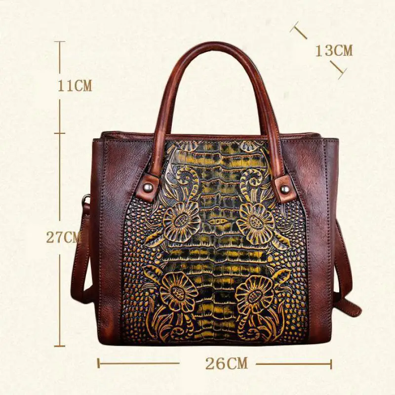 

Nestform Retro Genuine Leather Handmade Women Bag 2021 New First Layer Cowhide Large Capacity Handbag Embossed Shoulder Bags