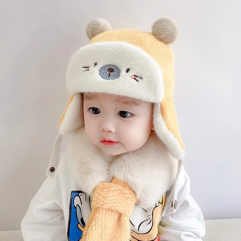 

Baby Hats Warm Winter Thicken Hat For Girl/Boy Cotton Woolen Hat Cute Bear Headdress Babies Hat And Scarf Suits Milamiya
