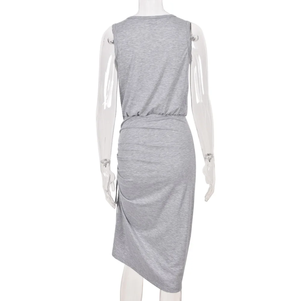 

WEPBEL Dress Summer Sexy High Waist O-Neck Lace Up Slit Dress Women's Casual Solid Color Slim Sleeveless Dress