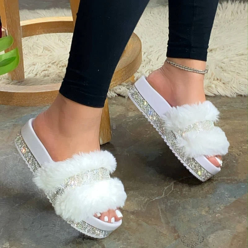 

2020 Women Fur Slippers Summer Home Flat Fur Slides For Women Big Size 43 Fluffy Female Shoes Glitter Indoor Women' Casual Shoes