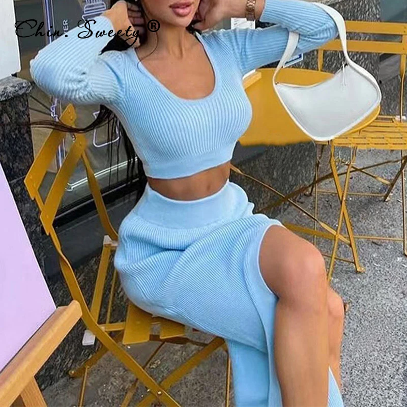 

Knitted Women Suits With Skirt 2 Piece Set Pullover Split Long Skirts Sets 2021 Autumn Winter Female Elegant Cropped Tops Suit