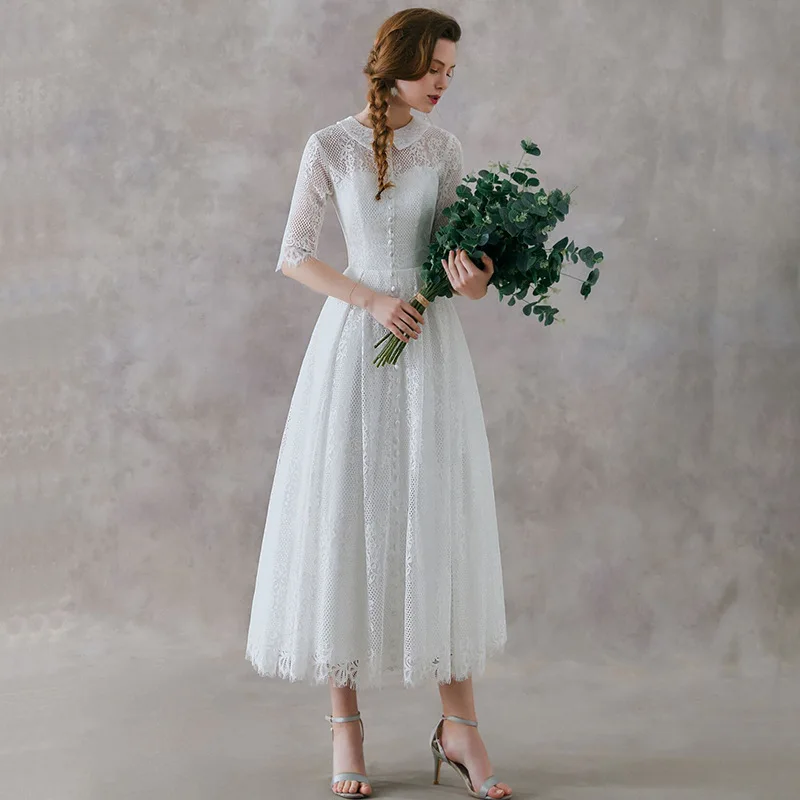 2021 luxury quality women's sweet round neck five sleeve long skirt high-end white lace wedding dress elegant wedding dress