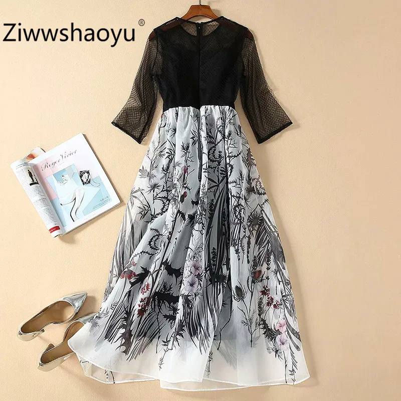 Ziwwshaoyu, сексуальные, прозрачные, черные, сетчатые, пэчворк, с принтом, половина рукава, весна-лето, брендовые, элегантные, длинные платья для женщин, новинка
