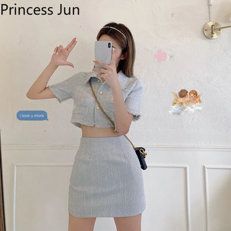 

Sweet Girl Summer Two Piece Suits Single Breast Short Slim Shirt Crop Top&High Waist Mini Skirt Elegant 2pc Dress Sets Outfits