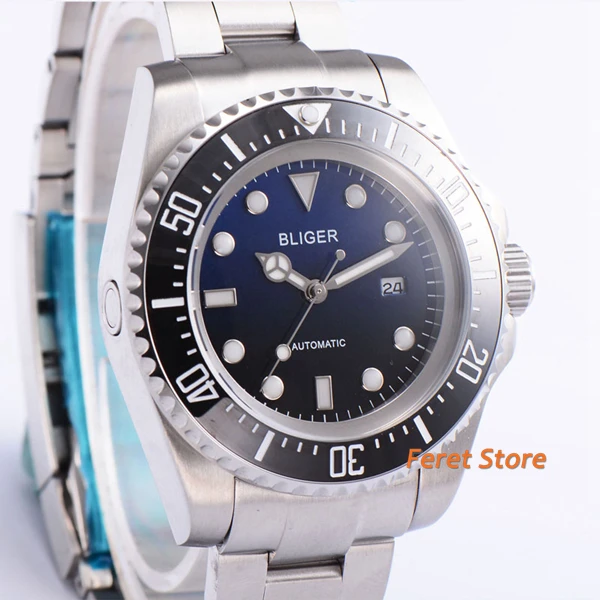 

44mm Bliger Blue Dial Black Bezel Ceramic Luminous Marks Date Glass Stainless Steel Case Automatic movement Men Watch b51