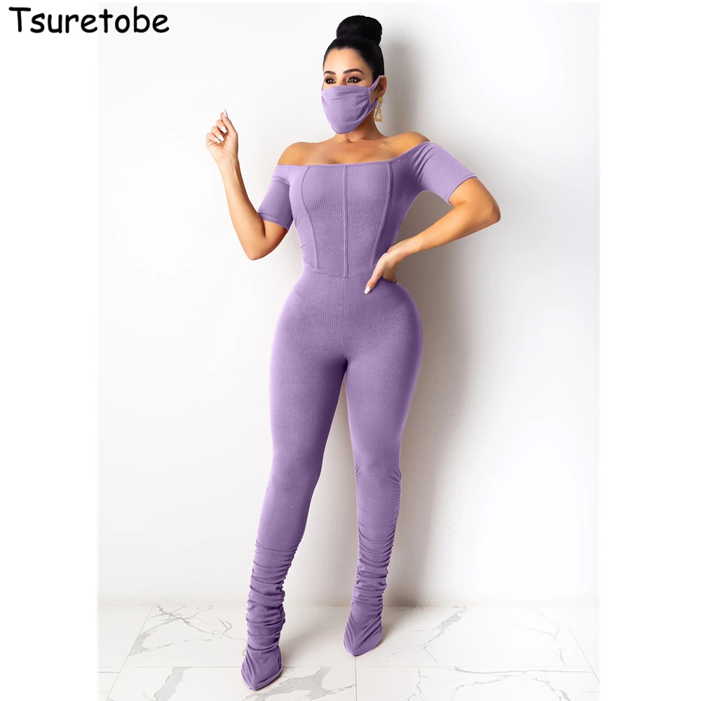 

Tsuretobe Sexy Jumpsuit Women Stacked Leggings Off Shoulder Romper Ribbed Club Outfits Skinny Overalls One Piece Outfit Women