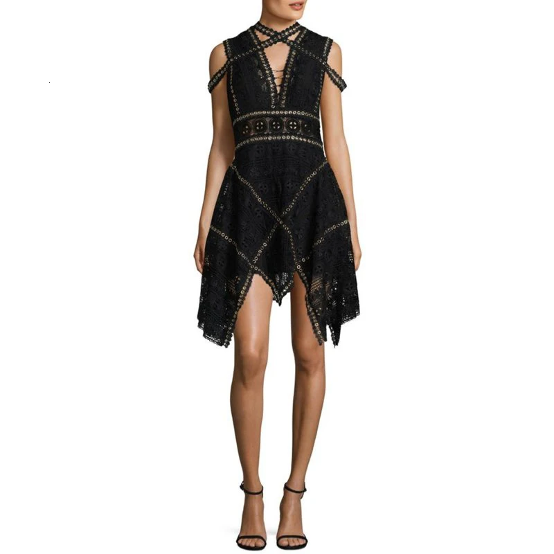 TWOTWINSTYLE Hollow Out Dress Women Summer V Neck Sleeveless Backless Tunic High Waist Asymmetrical Party Dresses Female