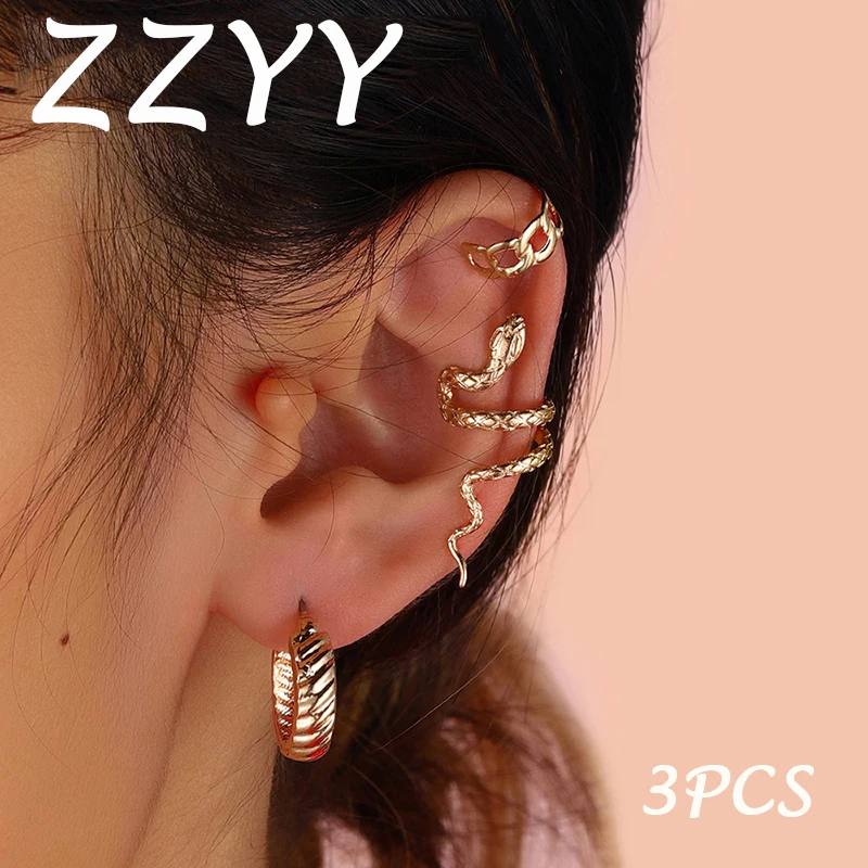 

ZZYY Punk Gold Animal Snake Earrings Set Clip on Ear Without Piercing for Women Fake Piercing Ear Cuffs Trendy Jewelry Gothic