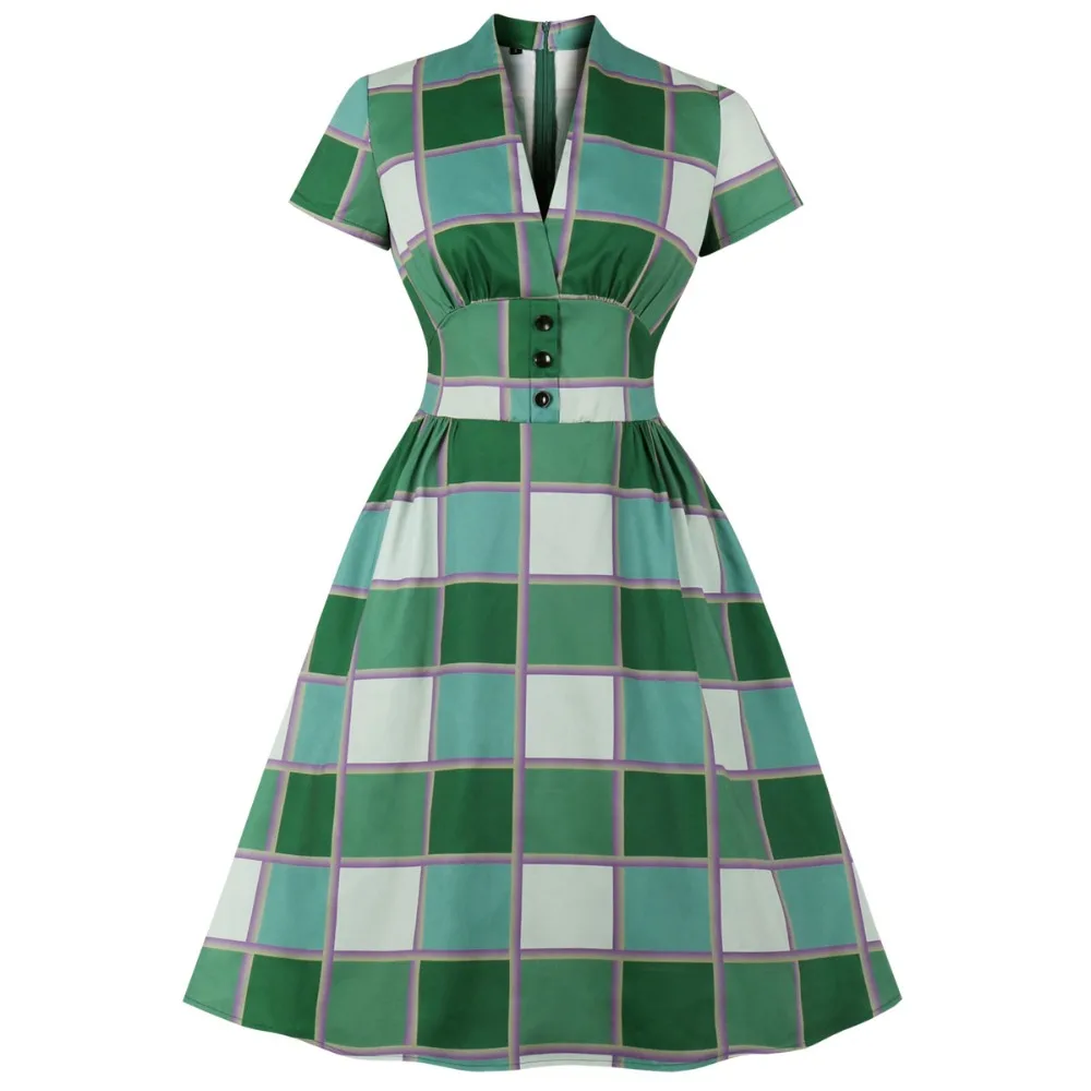 Женское винтажное платье в клетку зеленое вечерние летчатое стиле хепберн 50-х
