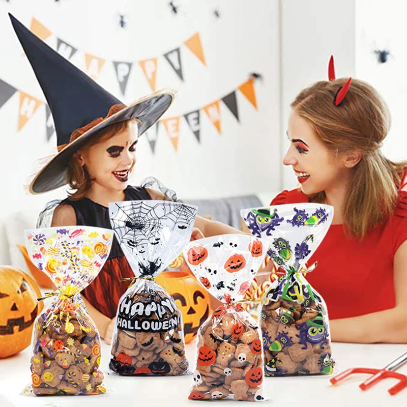 

50pcs Halloween Candy Bag Cellophane Treat Bags Pumpkin Skull Bat Cookie Plastic Packaging Bags Halloween Party Decor Gift bag