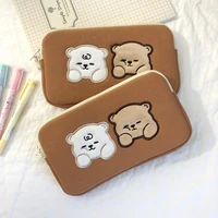 cartoon cute embroidery two bears large capacity stationery pencil case ins wind portable multi purpose cosmetic storage bag