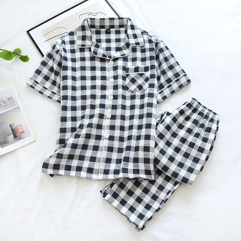 211 Summer Thin Cotton Plaid Girls Pajamas Set Short Sleeve Leisure Sleepwear For Women Loose Nightwear Pant Men Homewear Suit