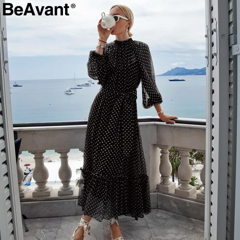 Черный BeAvant, красное платье в горошек, Осень-зима, женское, элегантное, с рукавом-фонариком, длинное, для вечеринок, с рюшами, с круглым вырезом, черное, для девушек, vestidos - Цвет: Черный