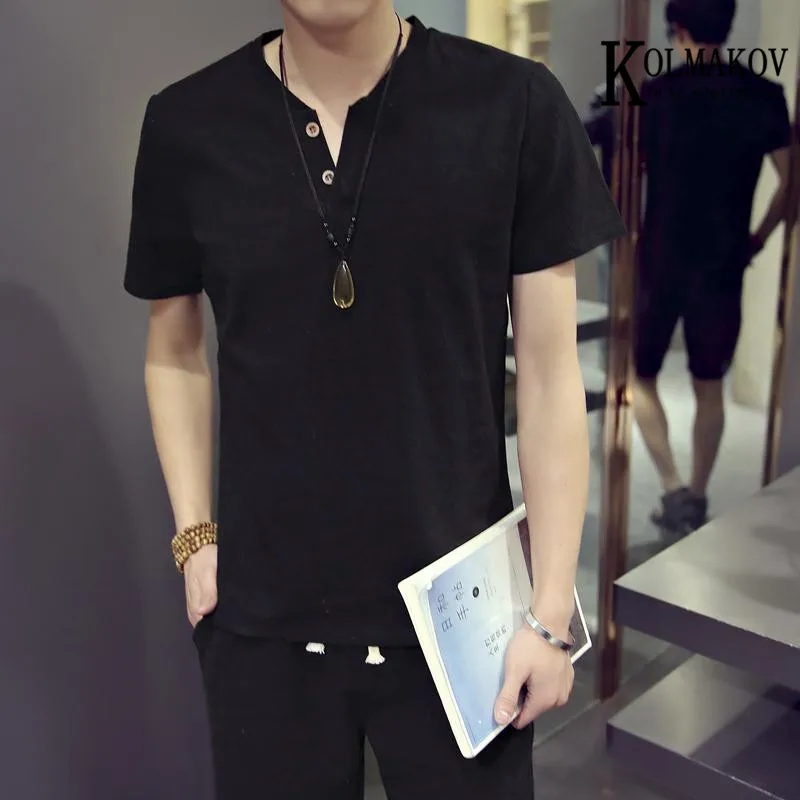 

KOLMAKOV Summer Thin For Man Style Linen Suit Men's Short-Sleeved T-Shirt Loose V-neck The Chinese Trend Comes In Two Pieces